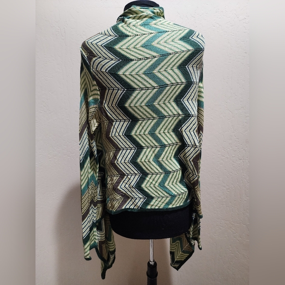 BCBG Maxaria Zig Zag Chevron Green Brown Silk Blend Open Cardigan S NWOT - Picture 2 of 6